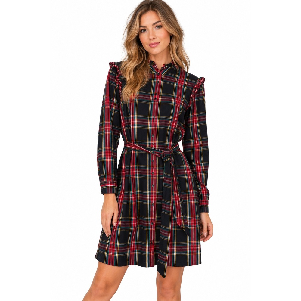 J.Crew Tartan Plaid Ruffle Shirt Dress Tie Waist Preppy Academia Size 10